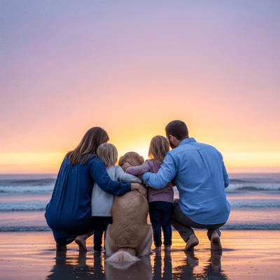 Family with Golden at beach at sunset
