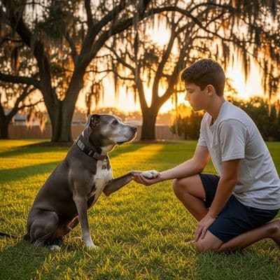 old pitbull dog with boy holding paw at sunset