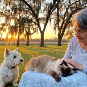 Woman with Siamese cat and West highland white terrier contemplating in-home pet euthanasia in lakewood ranch.